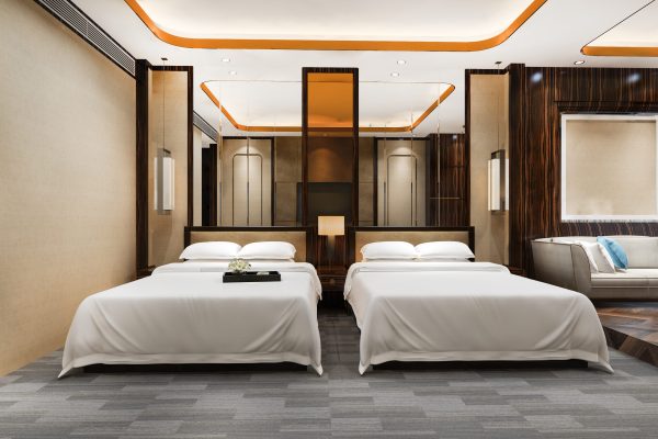 3d rendering luxury bedroom suite in resort hotel with twin bed and living
