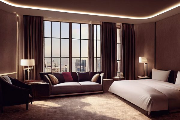 Luxury modern style bedroom, Interior of a hotel bedroom. Generative AI illustration.